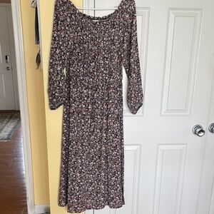 Smocked Off-Shoulder Floral Midi Dress in Black and Pink